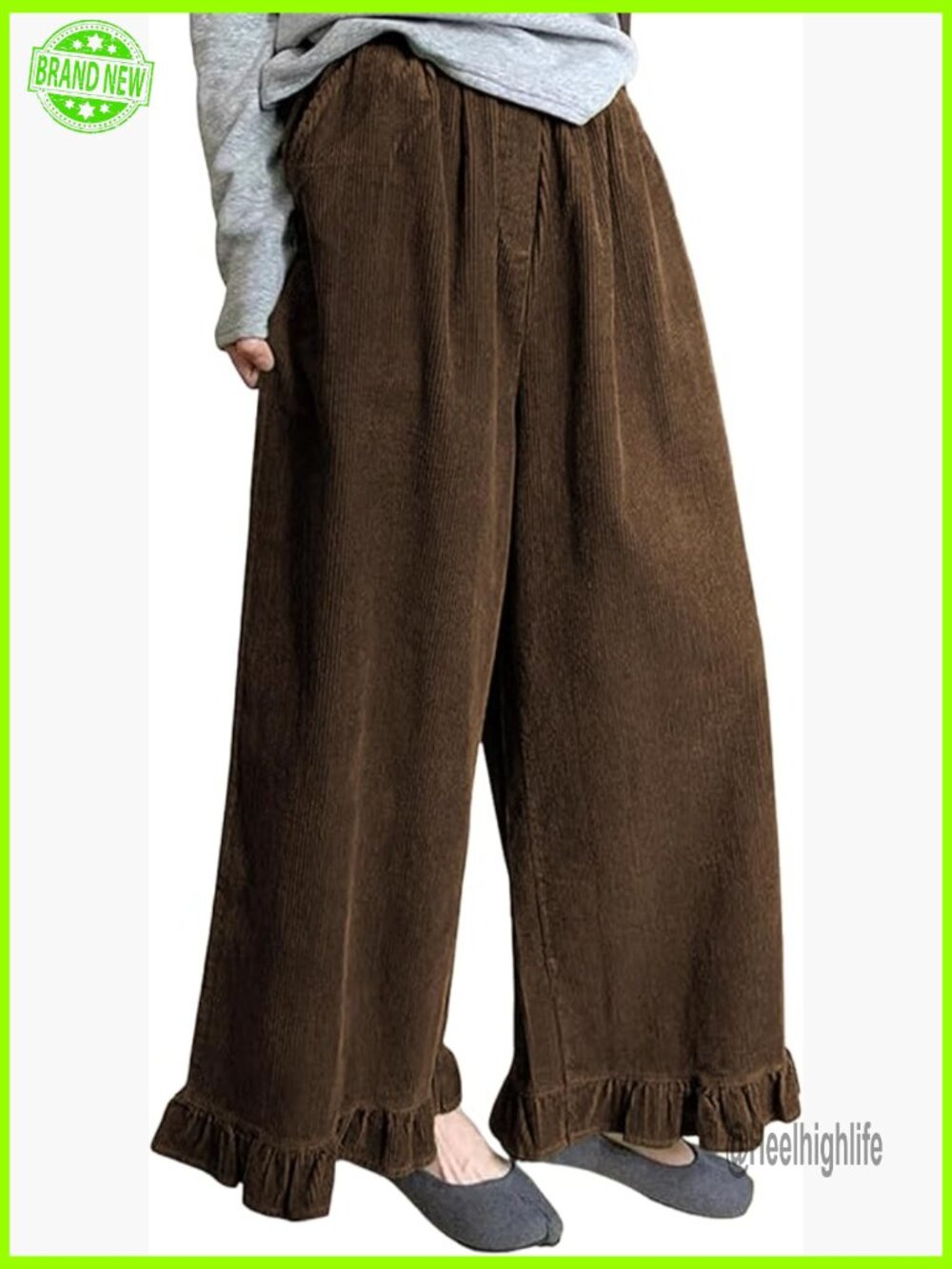 Wide Leg Corduroy Pants Ruffled Hem Elastic High Rise Palazzo Trousers with